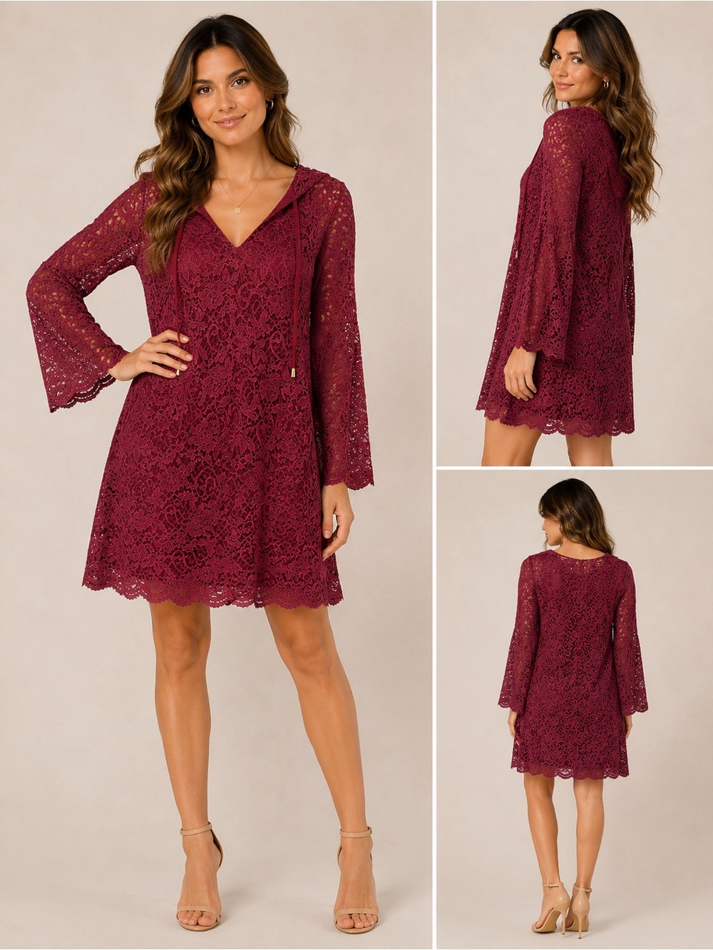 Jessica Simpson Wine Lace V-Neck Dress with Drawstring